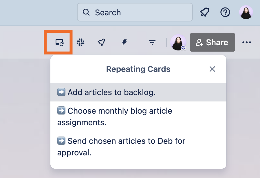 List of repeating cards in Trello. 