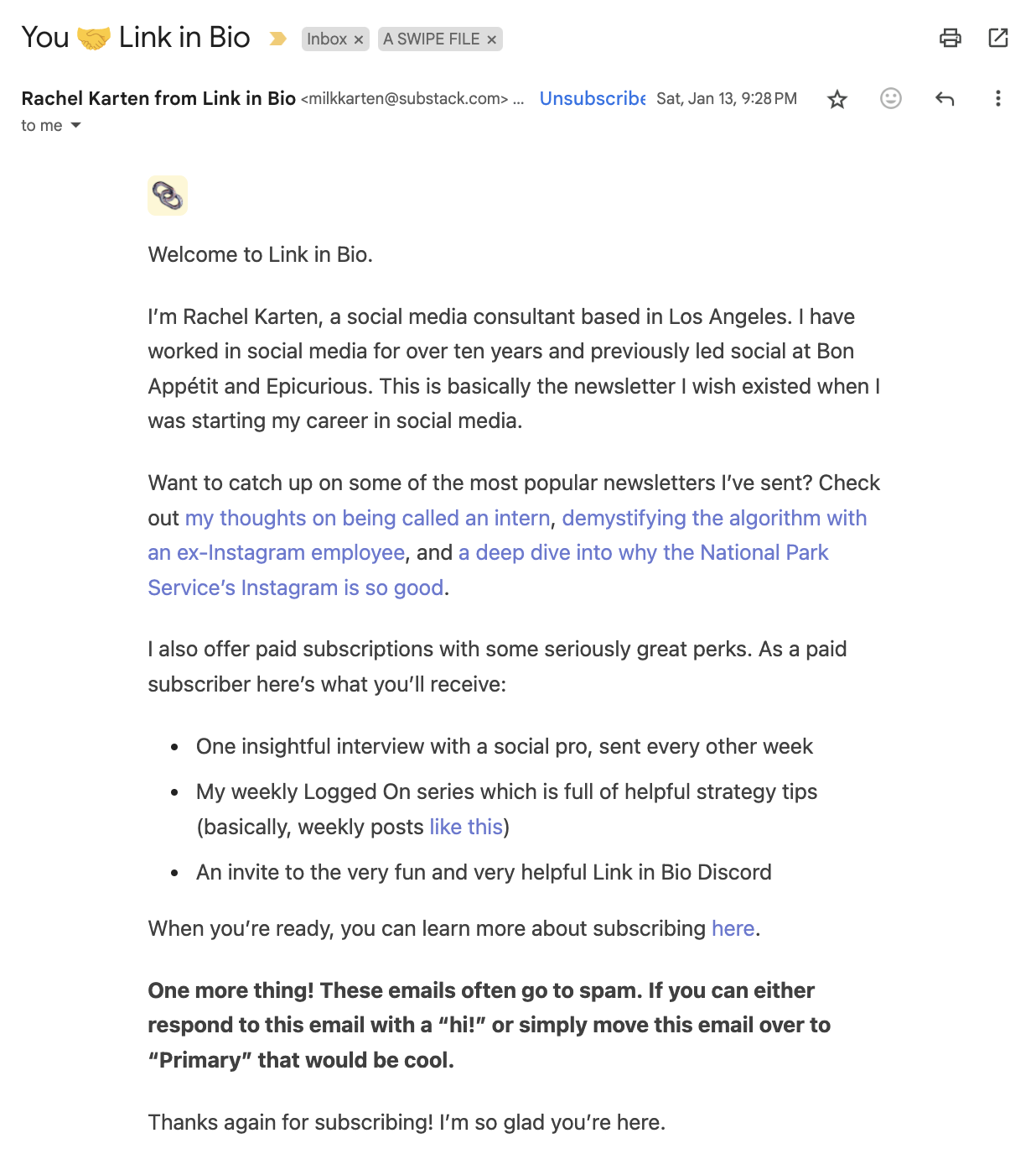 Welcome email marketing example from the newsletter Link in Bio. 