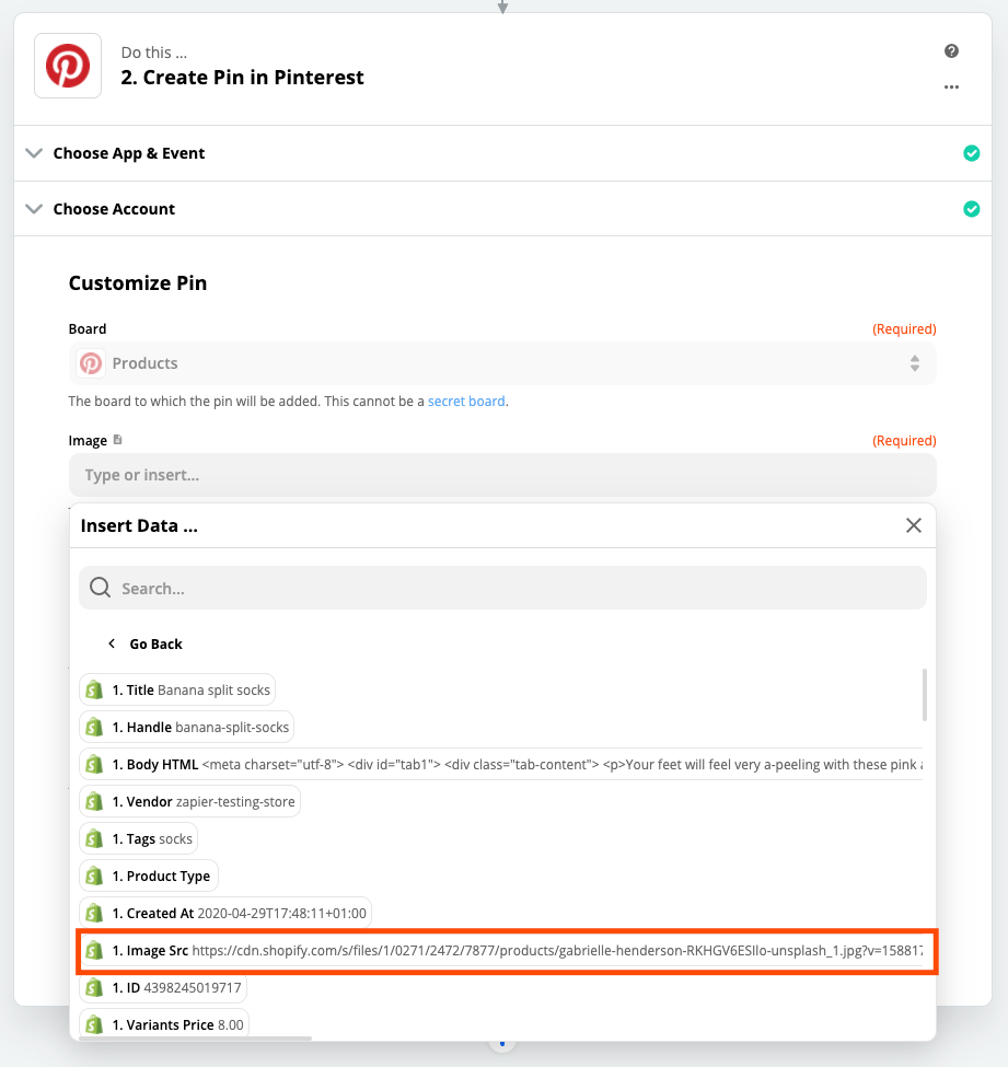 A screenshot of the Zap Editor showing the dropdown menu options within the Image text box.