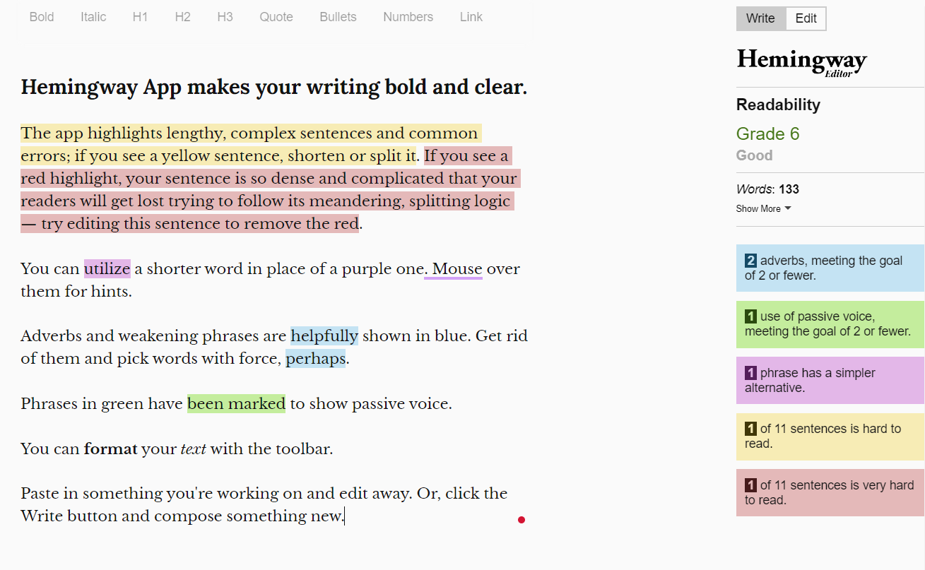Hemingway, our pick for the best free writing software for clear and concise writing