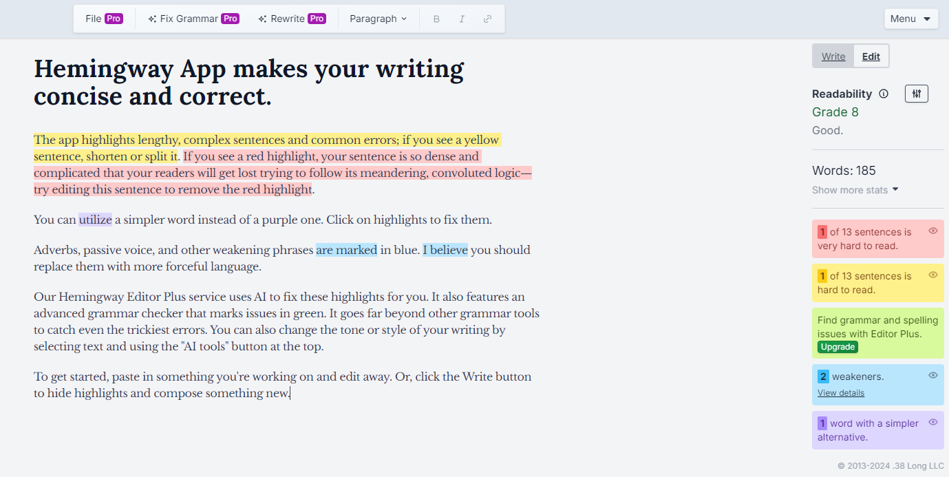 Hemingway, our pick for the best free writing software for clear and concise writing