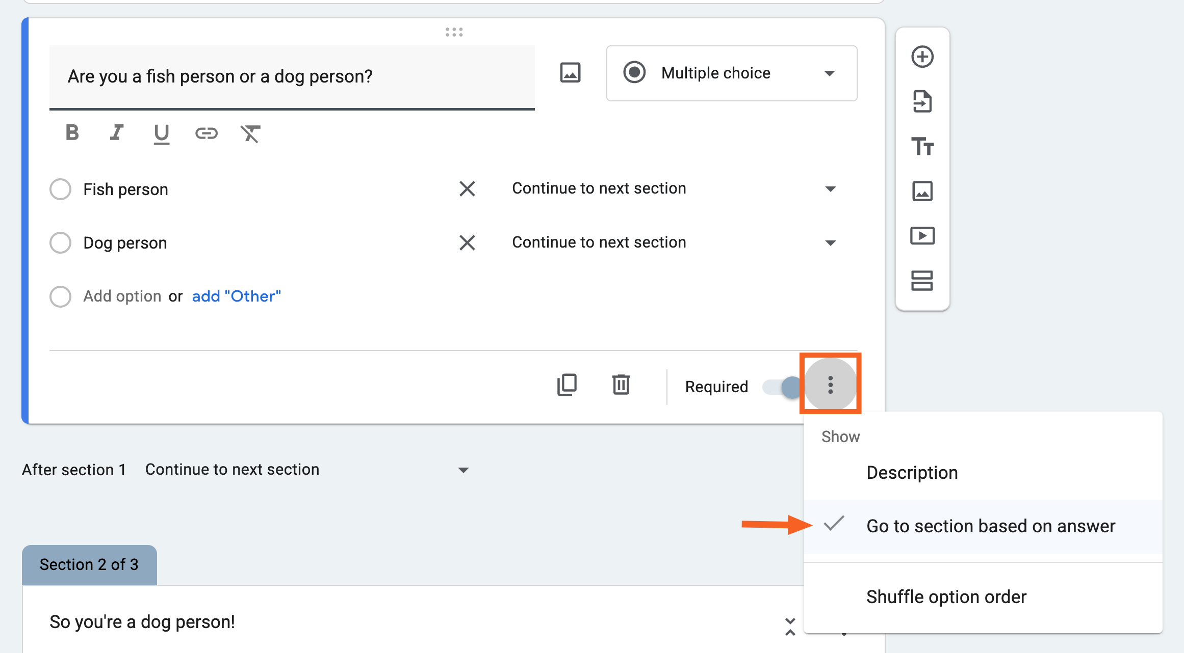 Expanded view of the Google Forms question box more menu with the option to go to section based on answer highlighted.