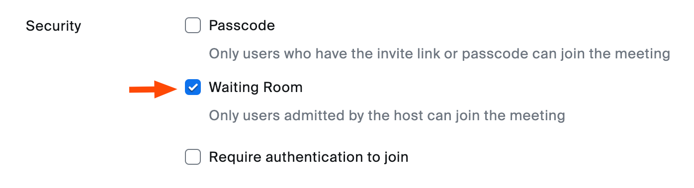 A portion of the Zoom meeting settings page, specifically the security portion. An arrow points to a checkbox that's been selected beside text that reads, "Waiting room."