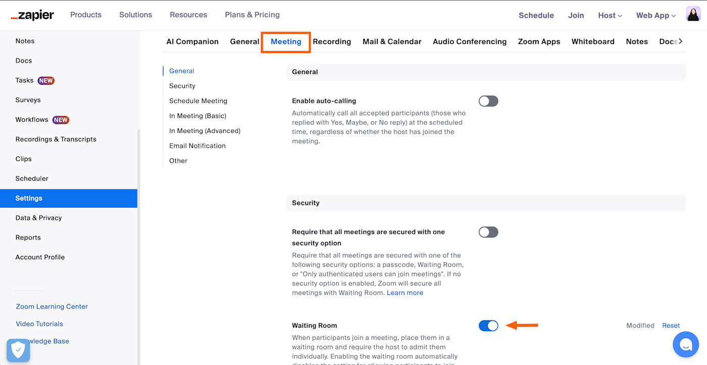 Zoom meeting settings with waiting room enabled. 