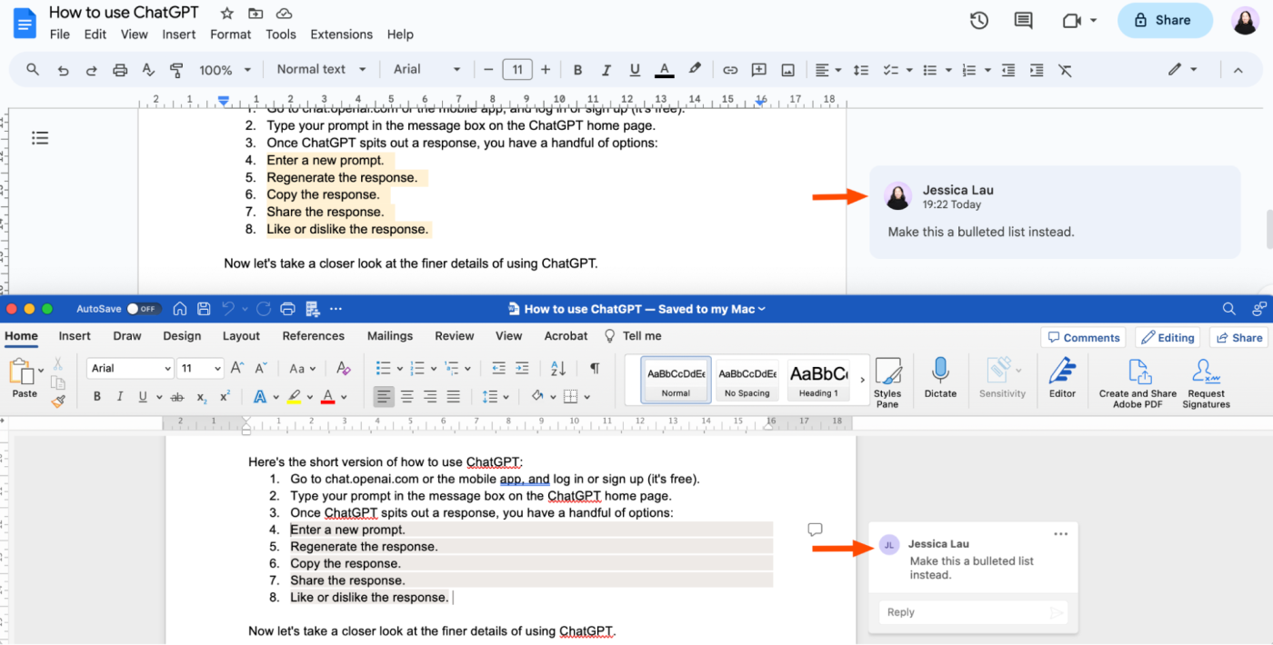 Side-by-side view of the same document with its comments in Google Docs and Microsoft Word.