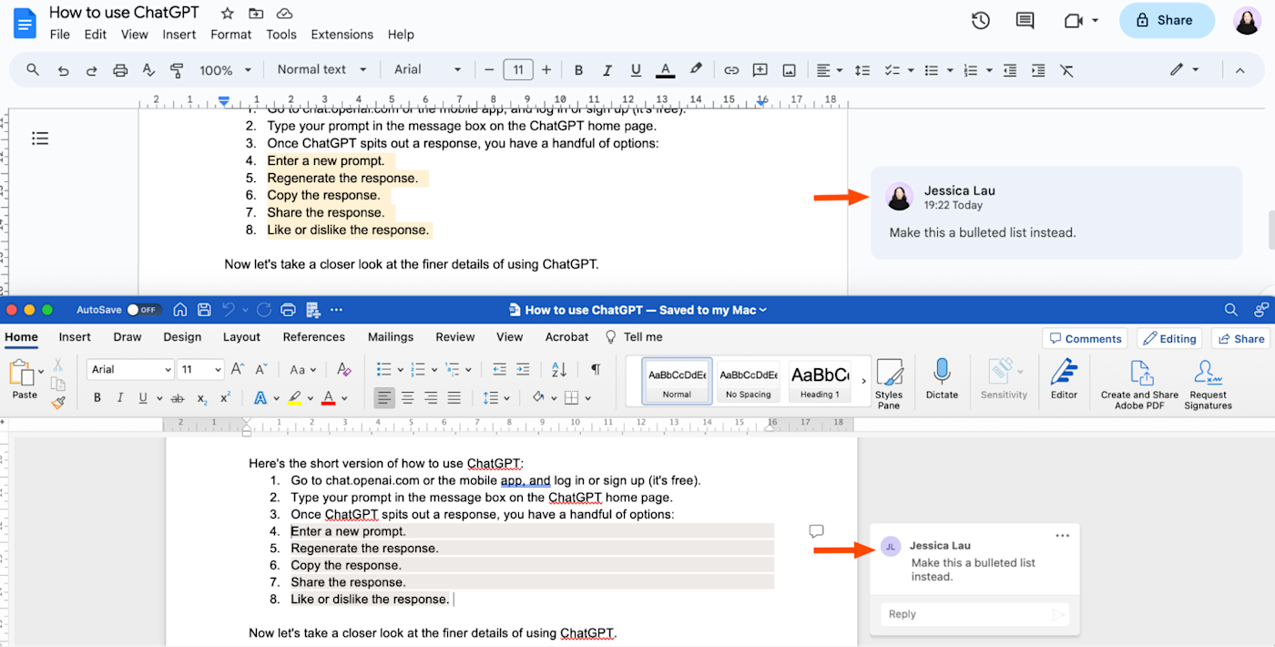 Side-by-side view of the same document with its comments in Google Docs and Microsoft Word.