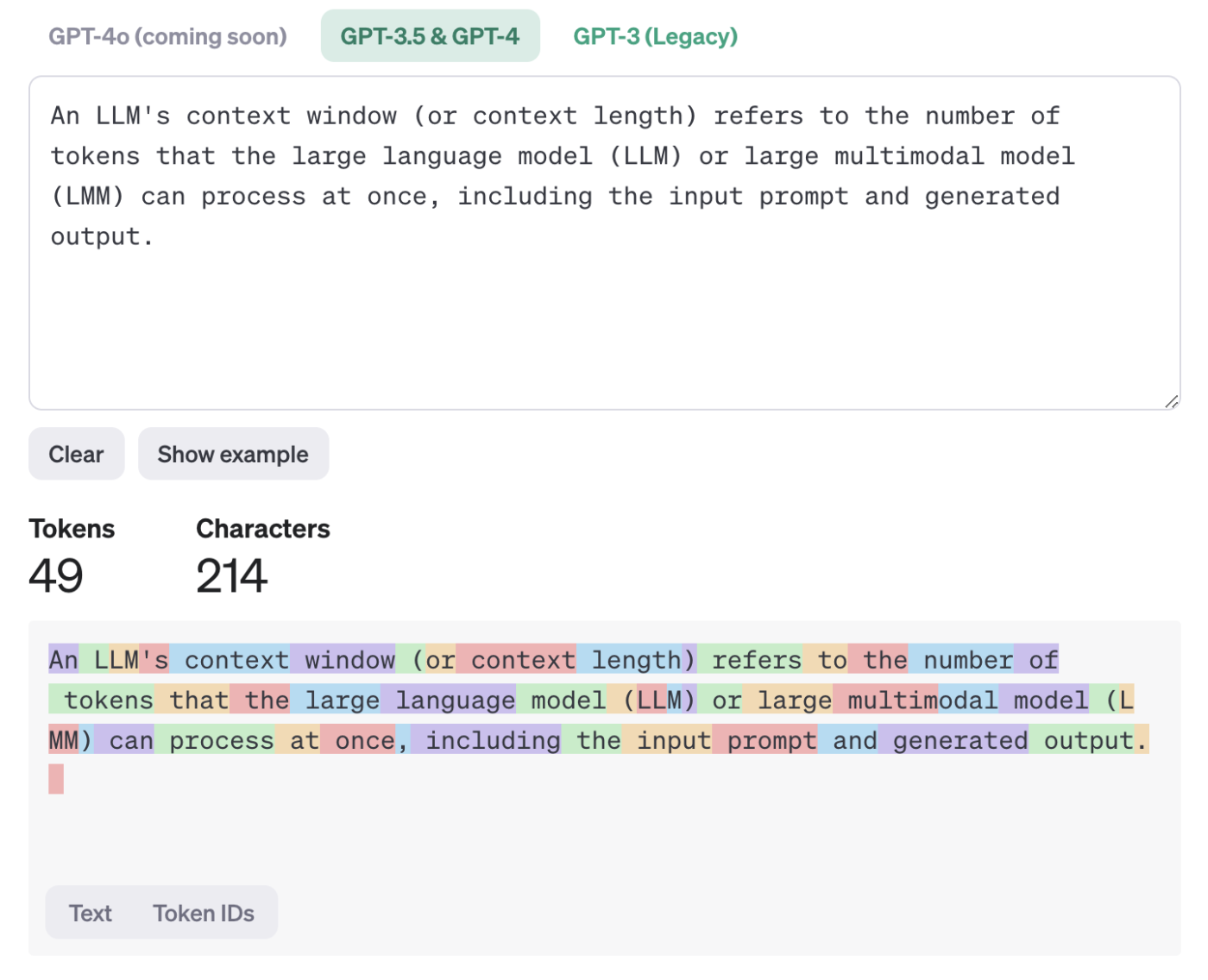 Example of how text is broken down into tokens using the OpenAI tokenizer. 