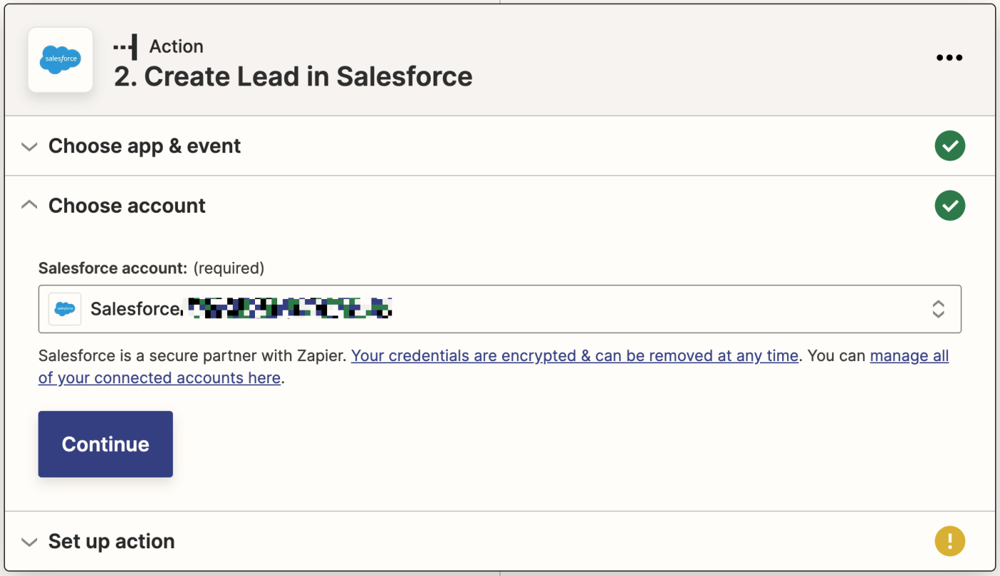 A Salesforce account selected from the Salesforce account dropdown menu.