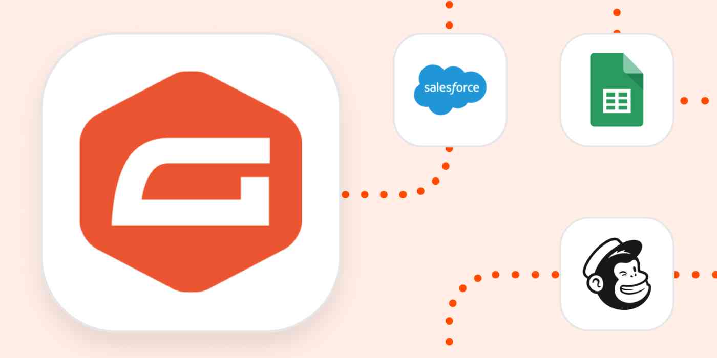Hero image with the Gravity Forms logo connected by dots to the logos of Salesforce, Google Sheets, and Mailchimp