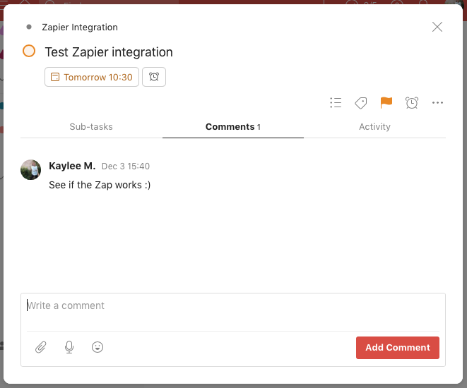 A sample task in Todoist that reads "Test Zapier integration"