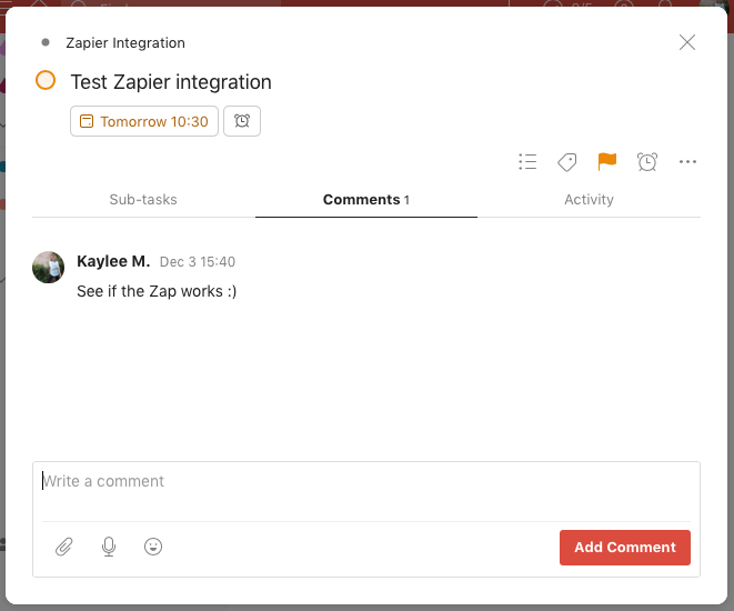 A sample task in Todoist that reads "Test Zapier integration"