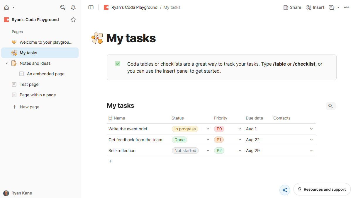 A page in Coda with the sidebar showing