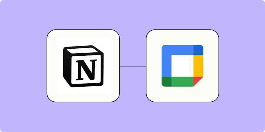 The Notion app logo connected to the Google Calendar app logo with a line on a light purple background.