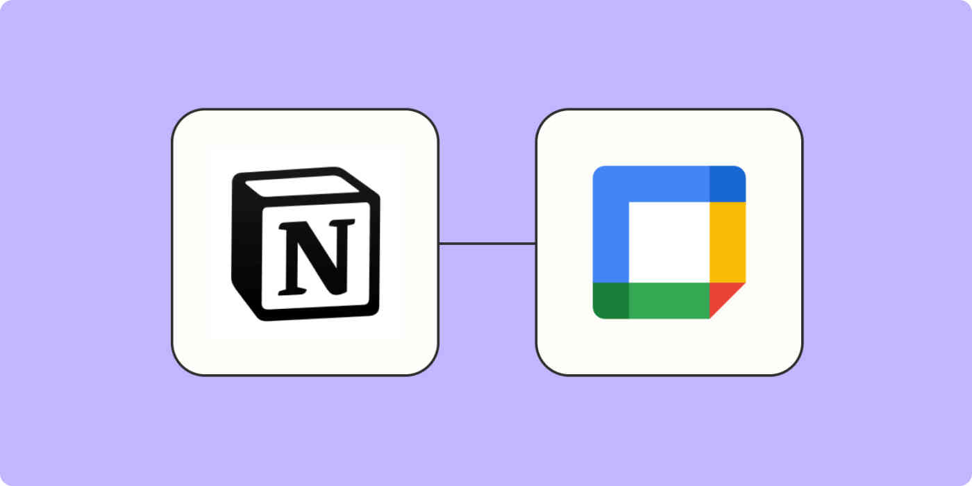 The Notion app logo connected to the Google Calendar app logo with a line on a light purple background.