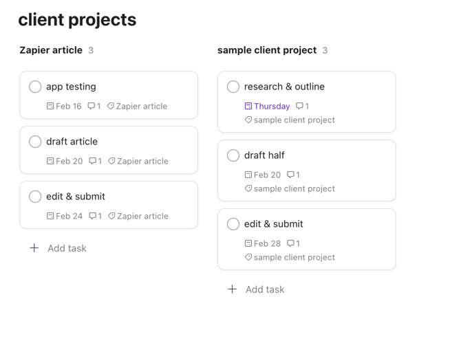 Screenshot of a Todoist project, "Client projects," with various tasks sorted into labeled columns 