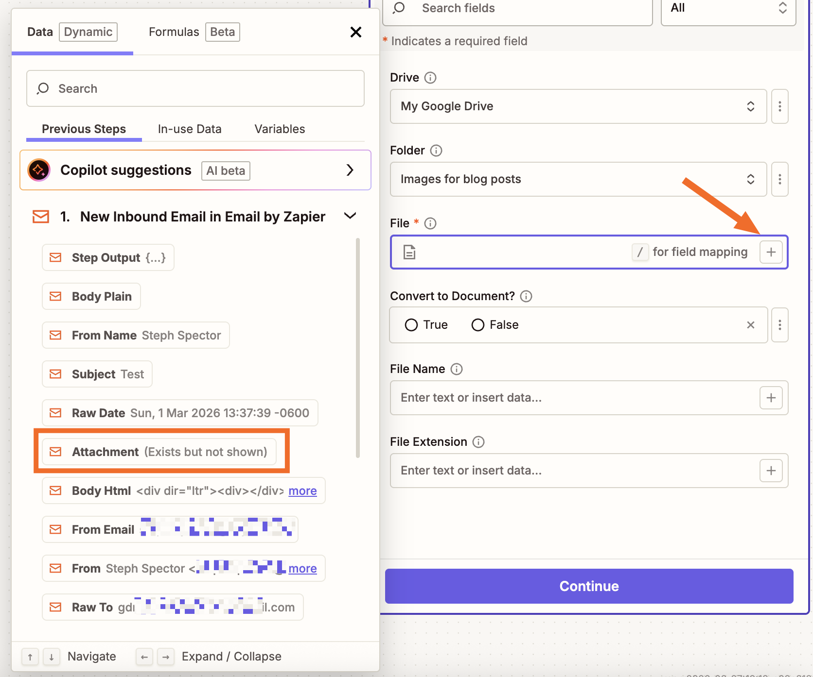 The configuration tab inside a Google Drive action step, showing a modal to map data from the trigger