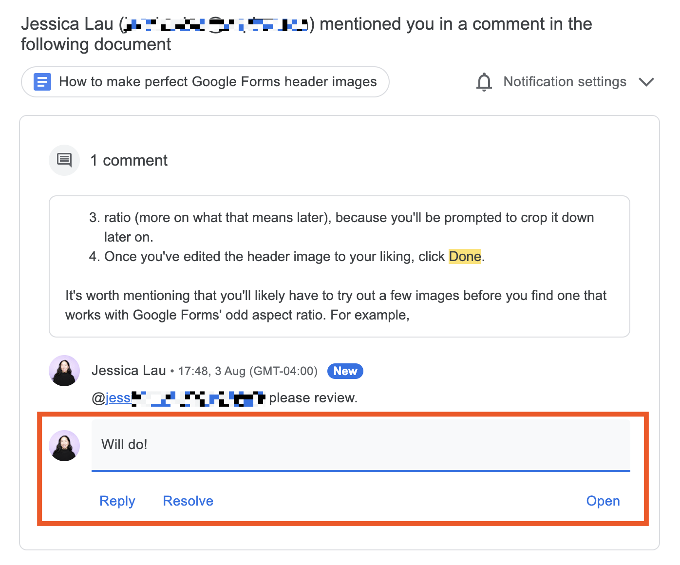 Email notification from Google Docs with a preview of a comment thread. There are options to reply directly to the comment, resolve it, or open the comment. 