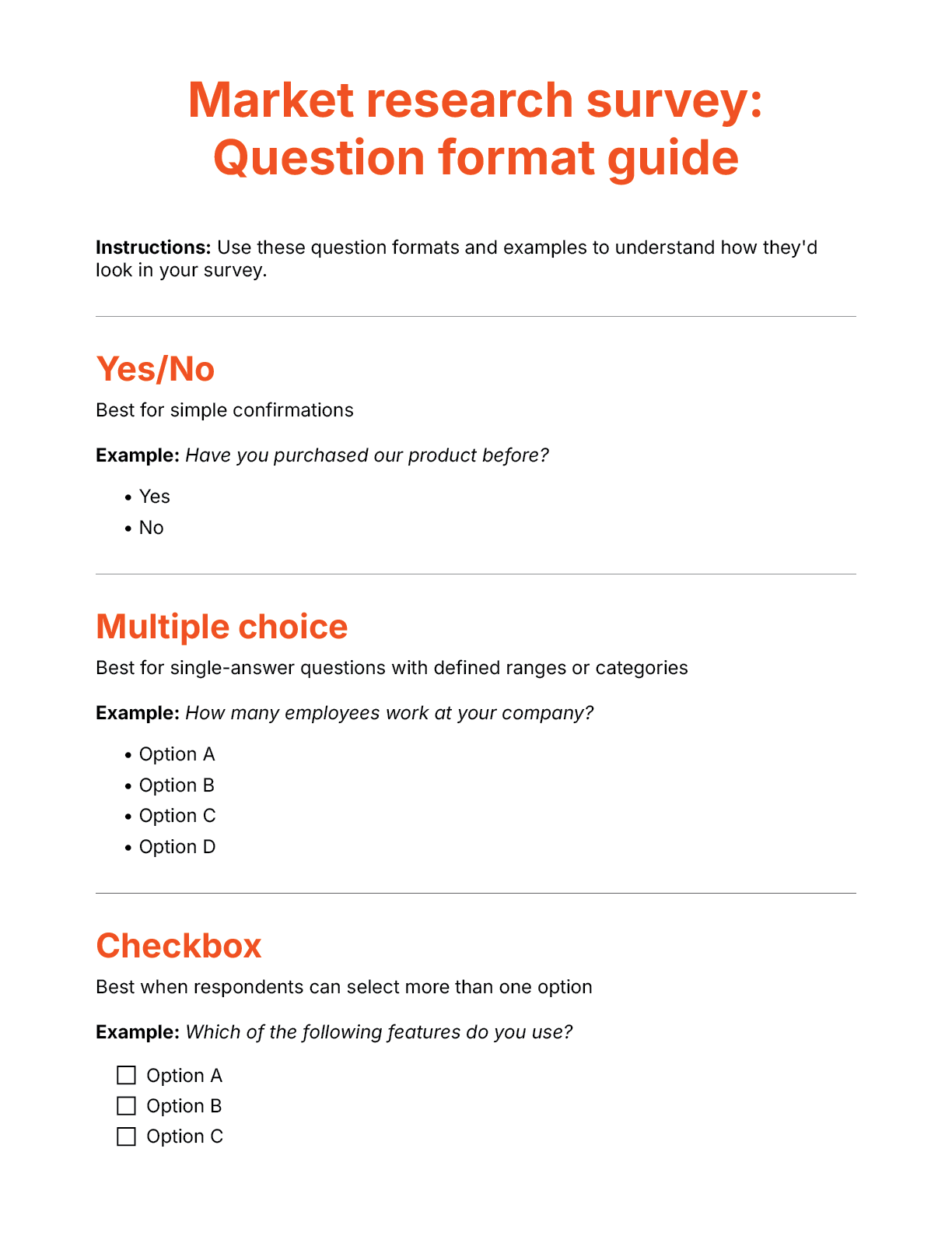 Screenshot of a question format guide for a market research survey