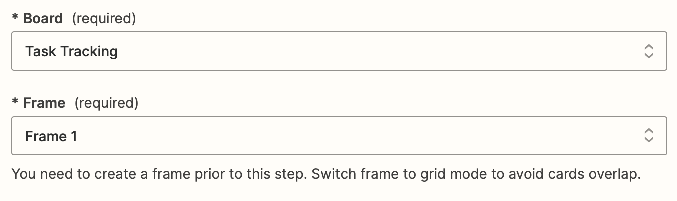 Miro fields in an action step in the Zap editor for selecting a Board and Frame.