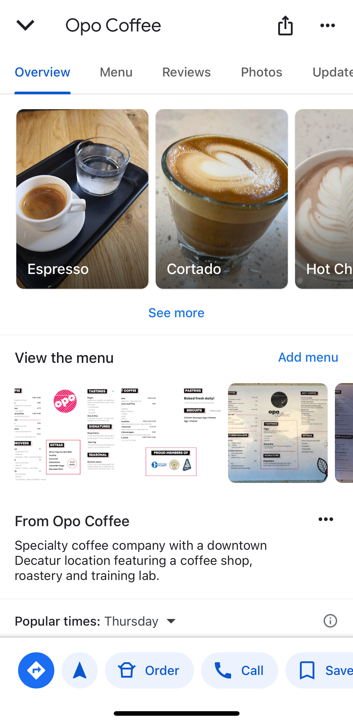 A Google Business Profile page for Opo Coffee, showing a few advanced features like photos, menus, and a custom description.