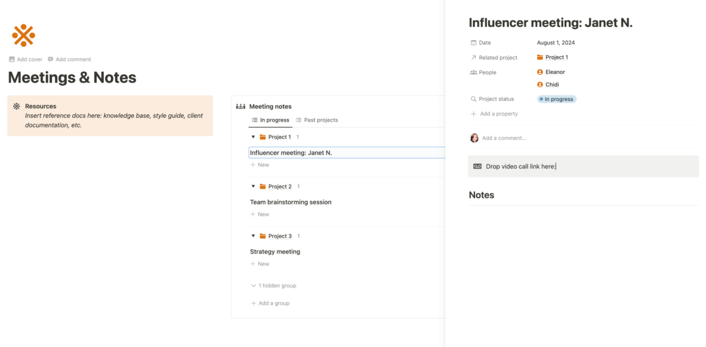 Screenshot of the Meetings & Notes page in the Notion project management template