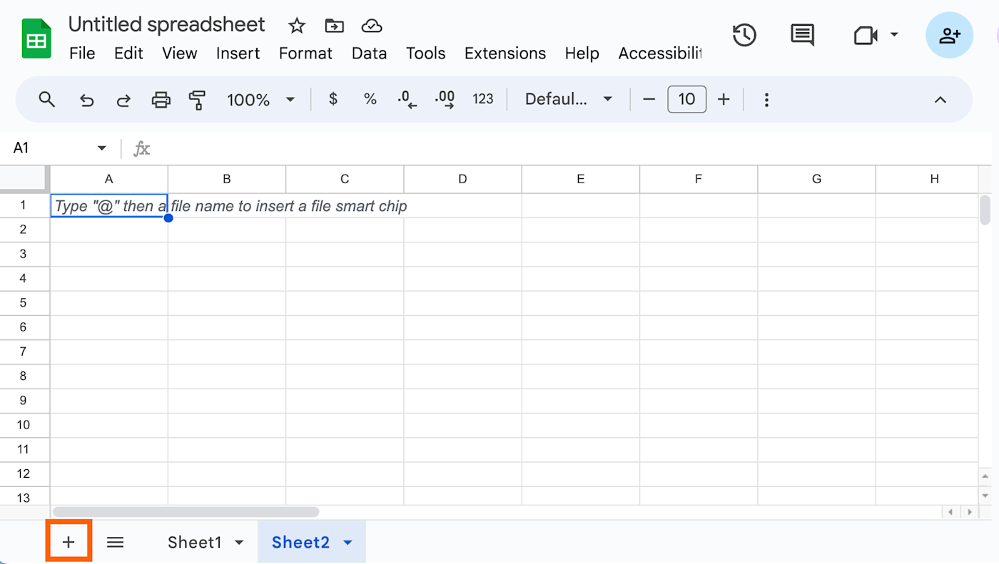 A Google Sheets spreadsheet with the add sheet icon highlighted. 