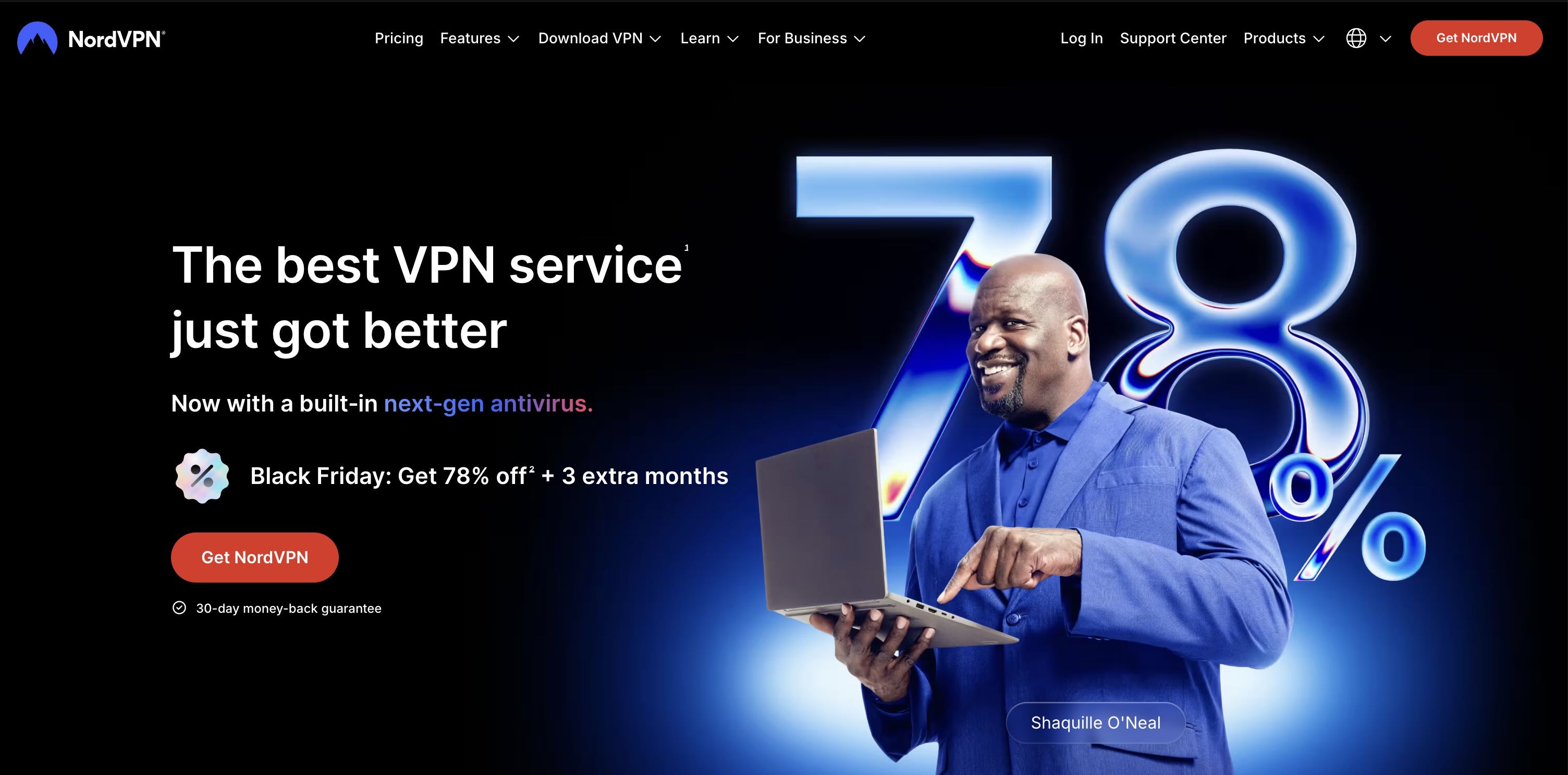 NordVPN home page showing a women being protected by a screen