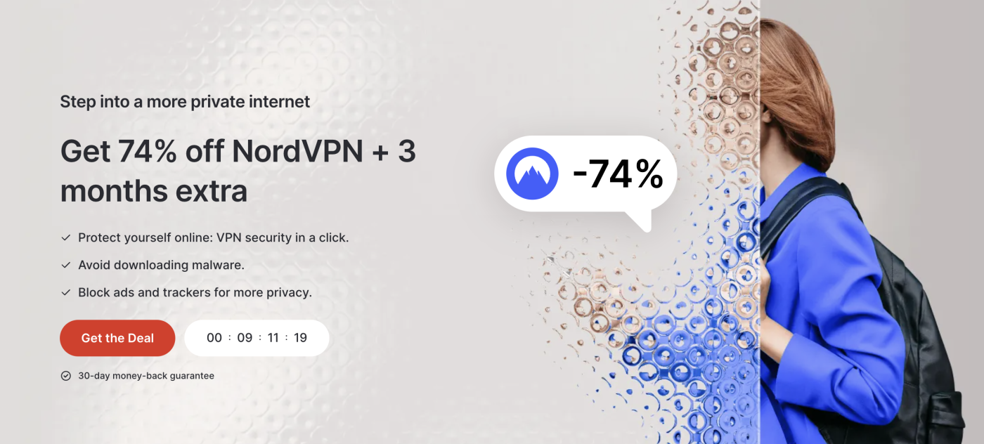 NordVPN home page showing a women being protected by a screen