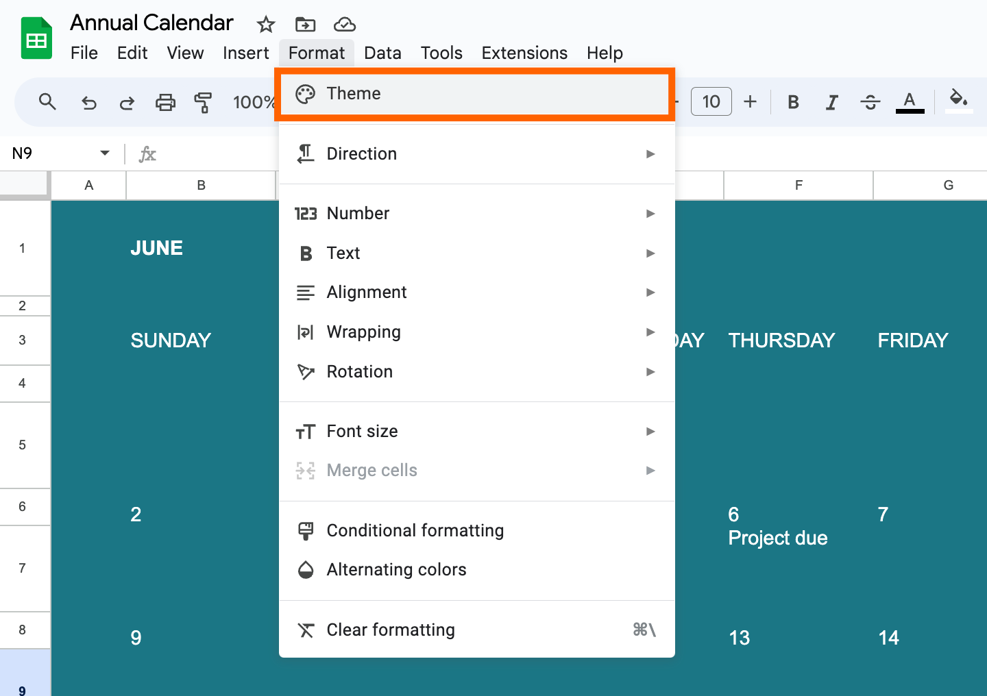 Screenshot showing theme select in Google Sheets.