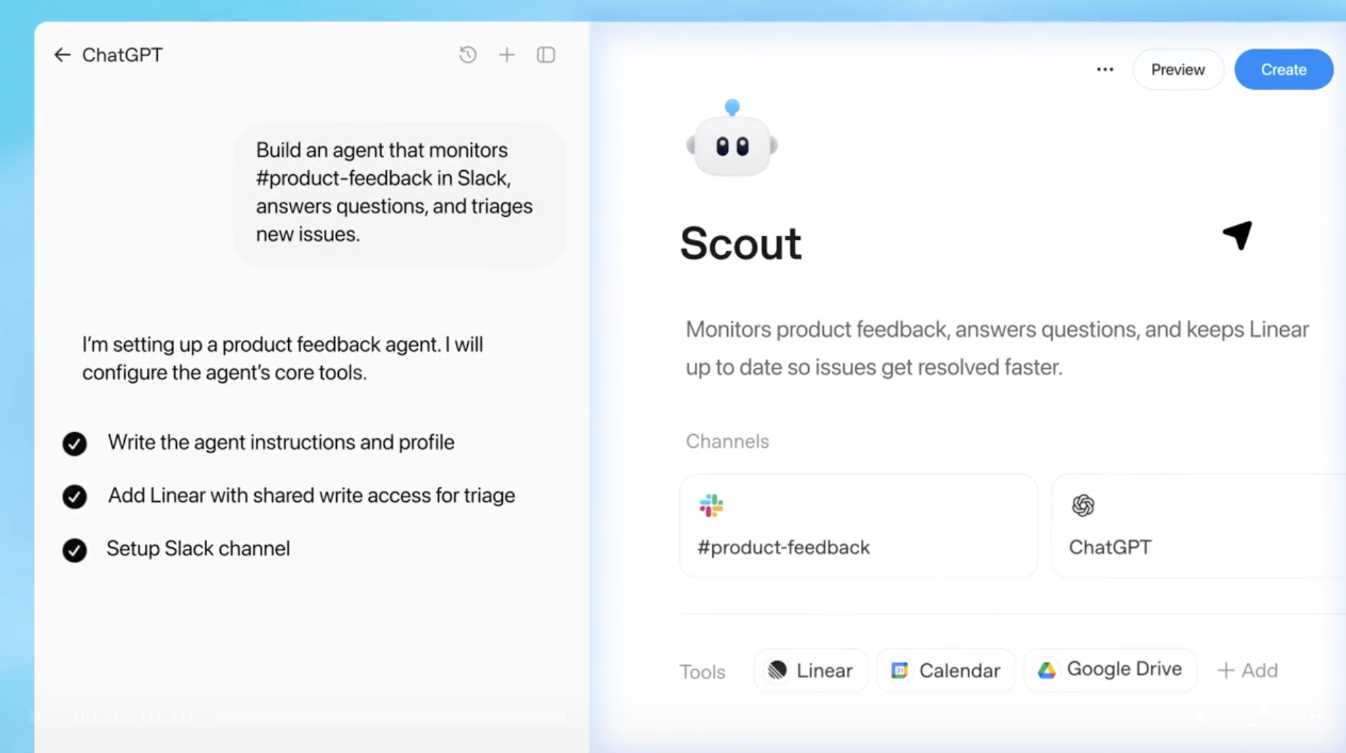 A ChatGPT workspace agent running a workflow that monitors product feedback, answers questions, and keeps Linear up to date