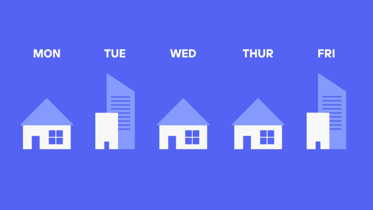 Hero image with alternating pictures of a home and and office, each labeled with a day of the week