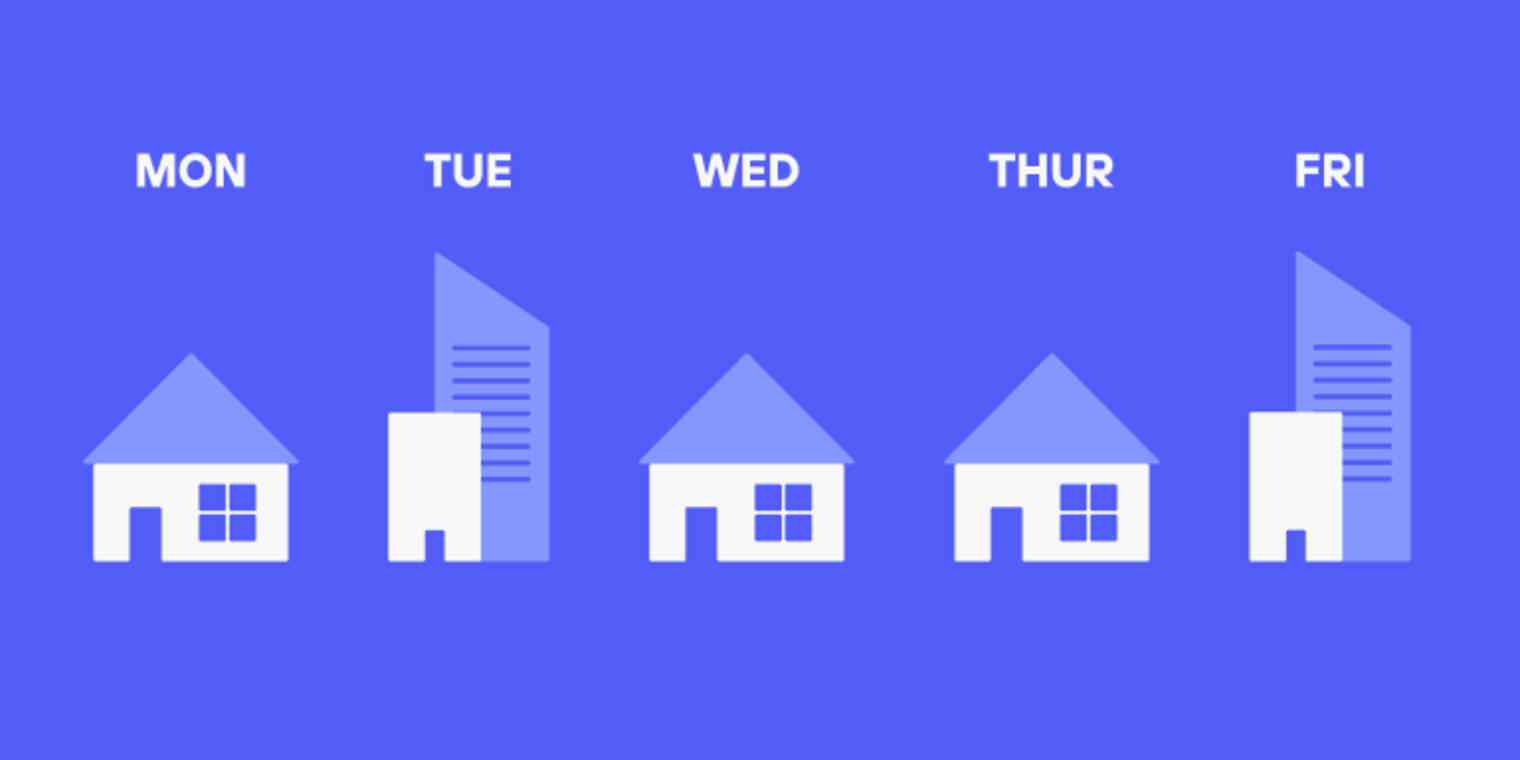 Hero image with alternating pictures of a home and and office, each labeled with a day of the week
