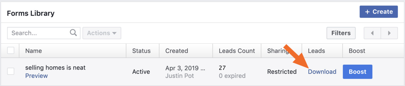 Facebook lead ads download button