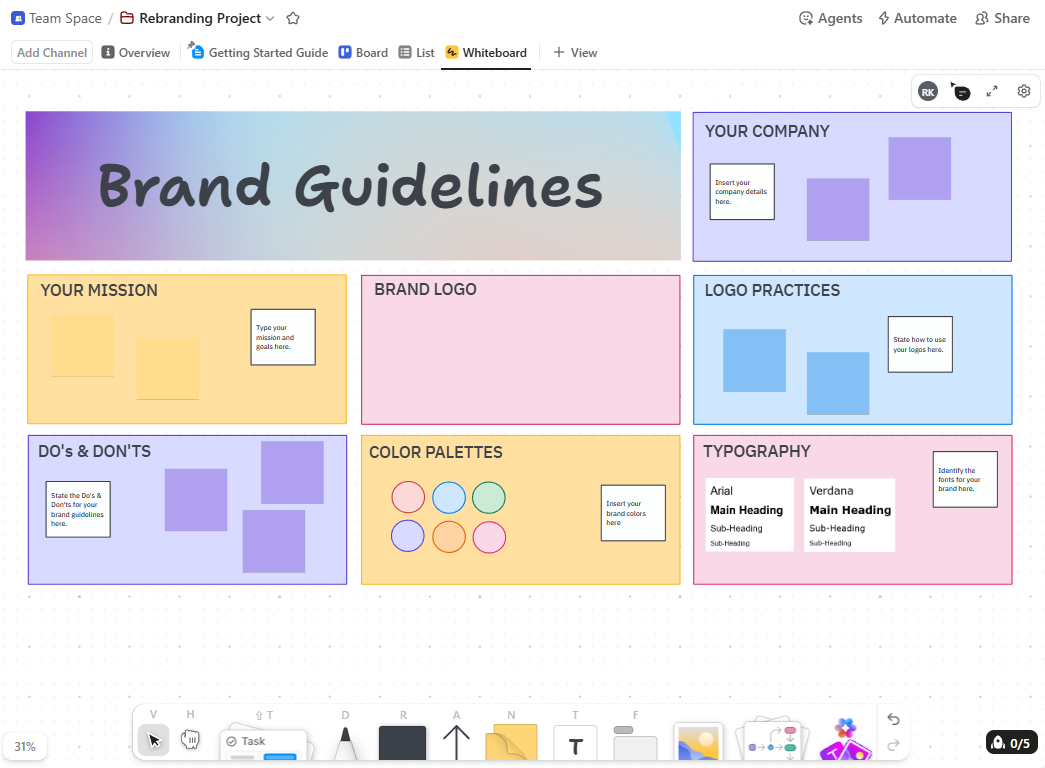 The whiteboard view in ClickUp