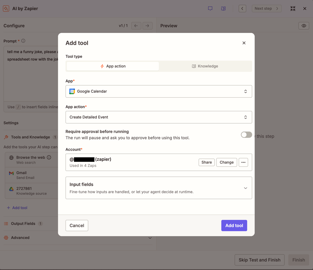 The settings in an AI by Zapier step allowing you to require approval before running