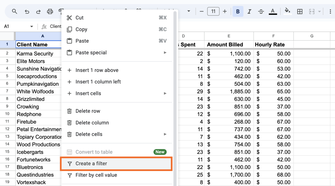 How to create a filter in Google Sheets using the right-click menu. 