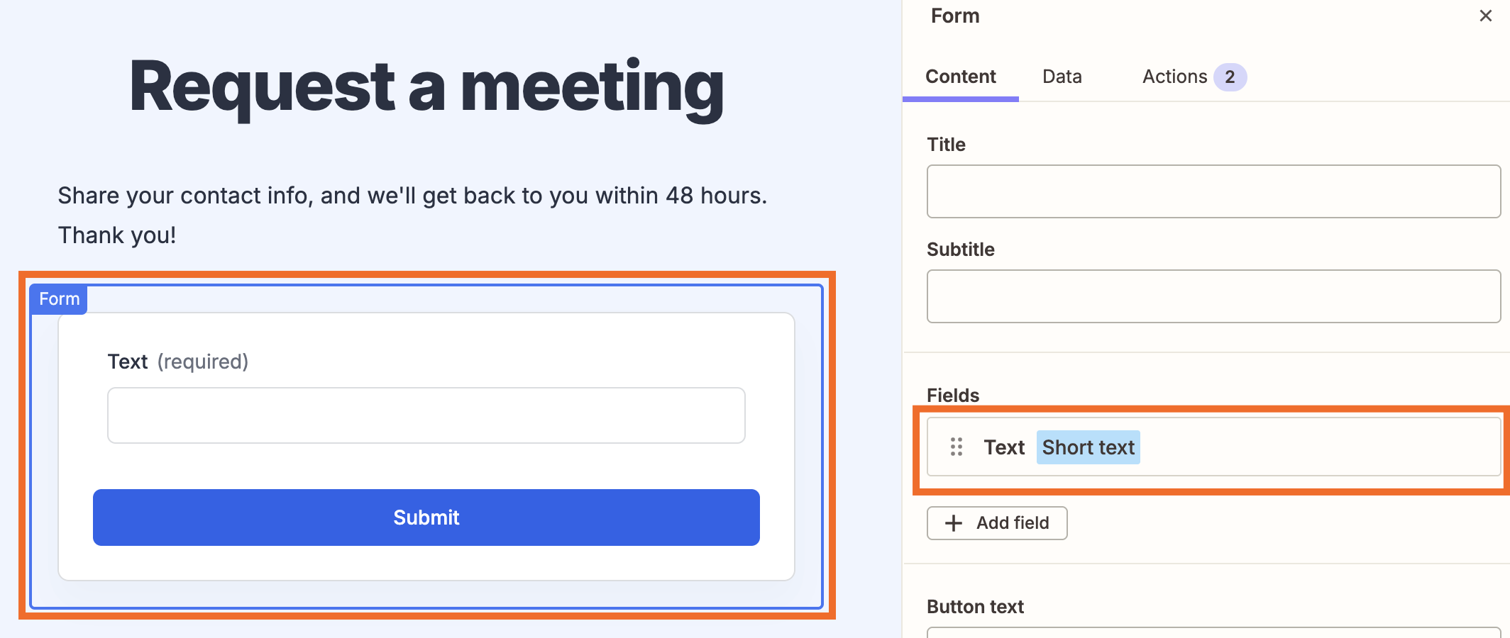Form editor showing a Request a meeting page with a highlighted form preview and a Fields panel listing a short text field