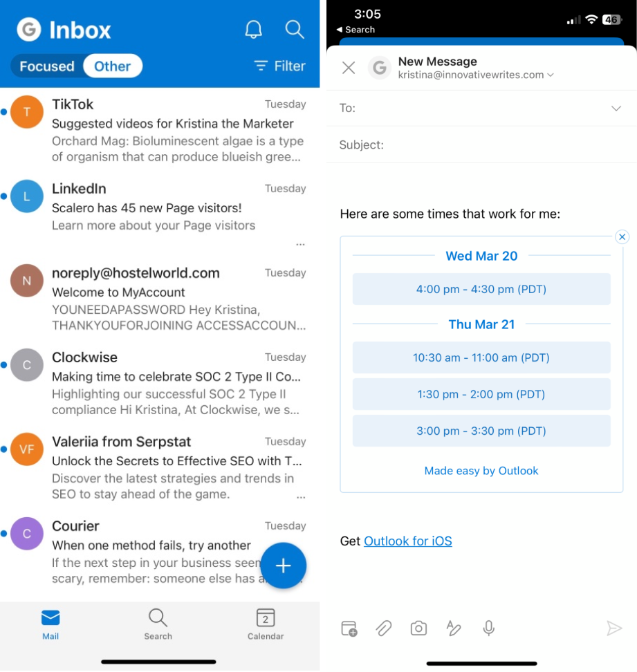 A screenshot of Outlook for iPhone, our pick for the best iPhone email app for a balance of simplicity and features