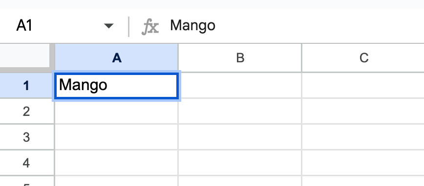 Text in a Google Sheets cell. The working cell is surrounded by a thick, blue border.