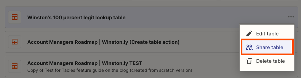 Click on the three dots next to a table and click Share table.