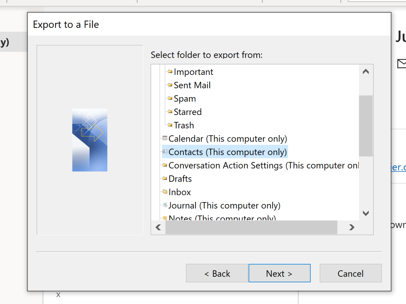Selecting the folder to export to