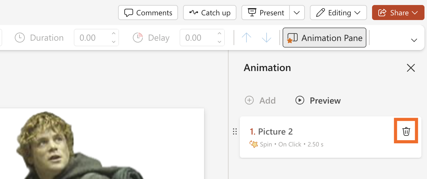 Portion of the PowerPoint editor with an expanded view of the animation pane. The garbage can icon is highlighted next to an animation effect.