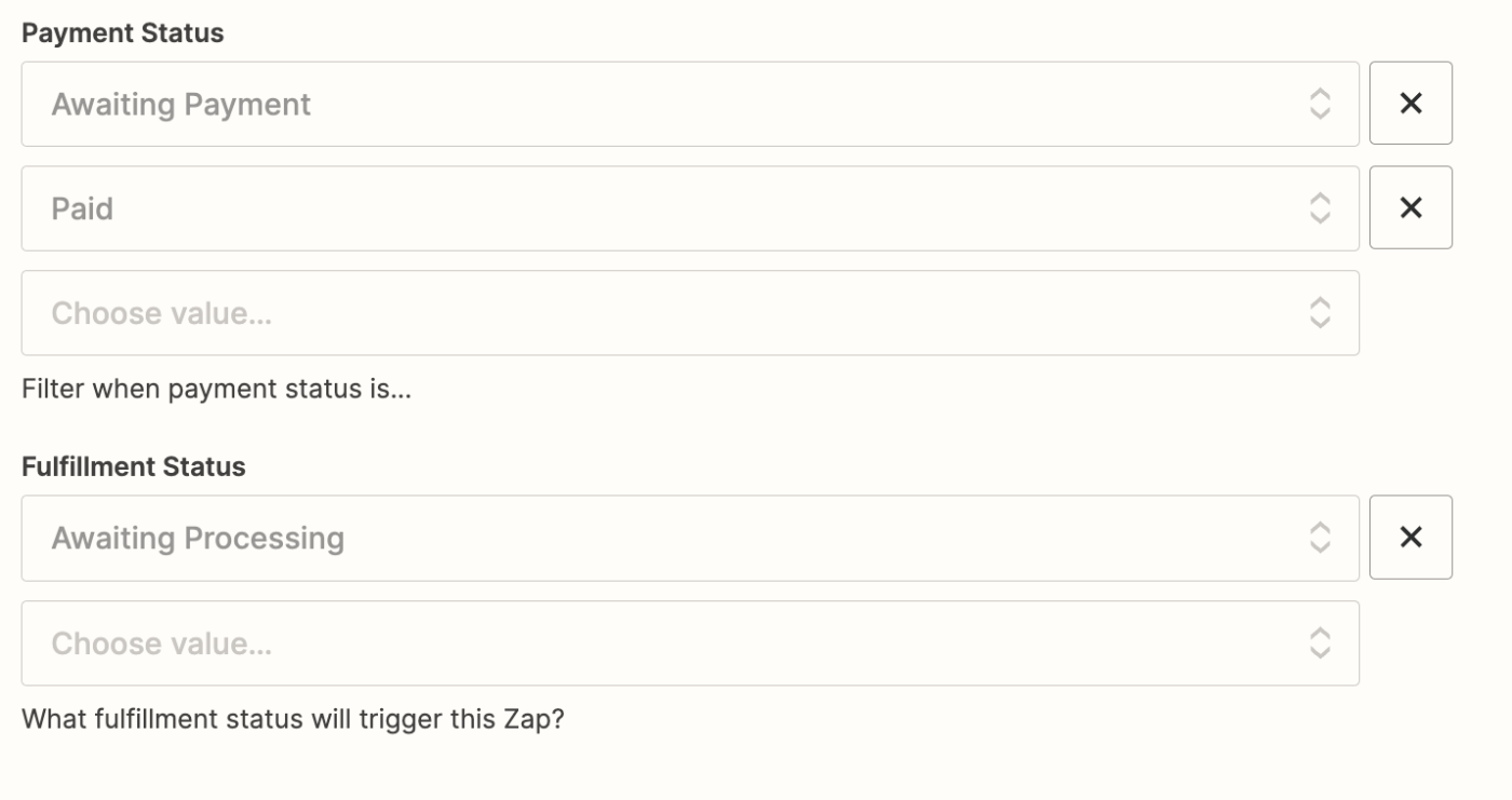 Fields in the Zap editor for Payment Status and Fulfillment Status.
