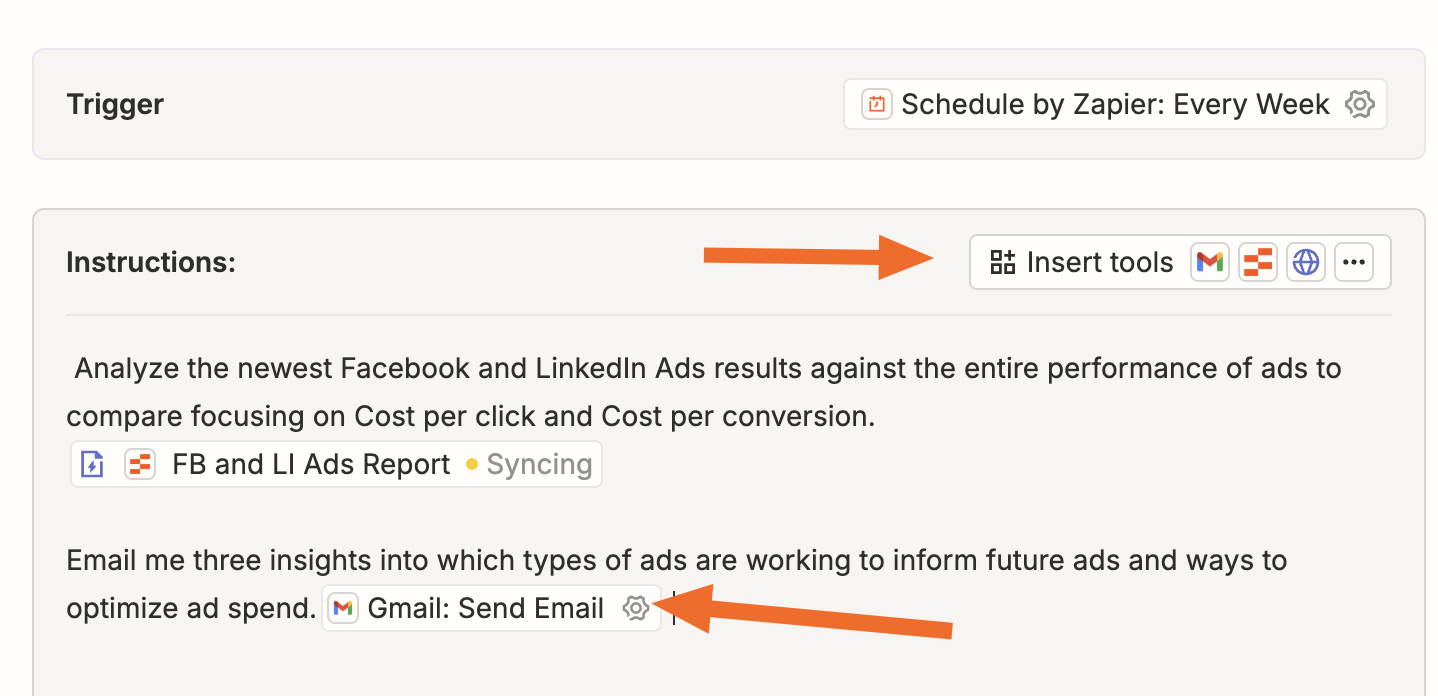 Screenshot of insert tools tab and Gmail action