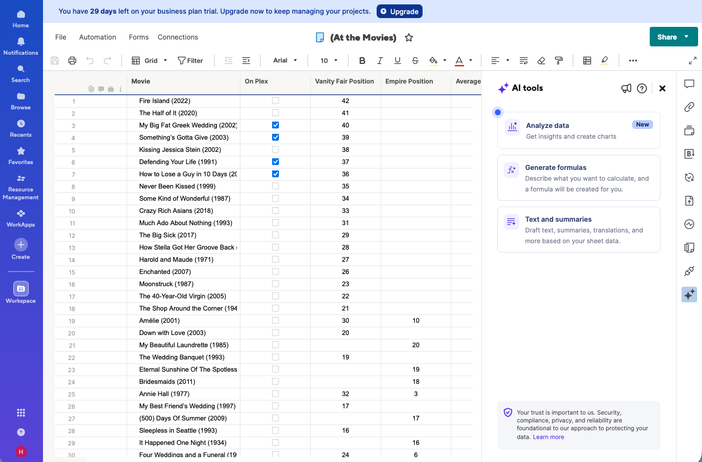 Smartsheet, our pick for the best Airtable alternative for a spreadsheet-like interface