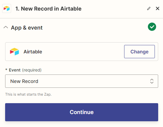 A trigger step in the Zap editor with Airtable selected for the trigger app and New Record selected for the trigger event.