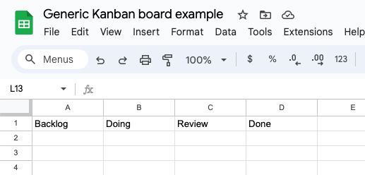Screenshot of Google Sheets document titled Generic Kanban board example with section headings backlog, doing, review, and done.