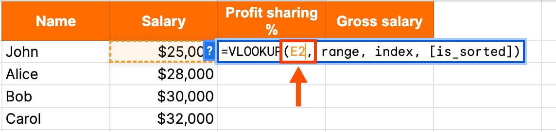 Screenshot of entering the search_key function into a cell in a Google Sheet.