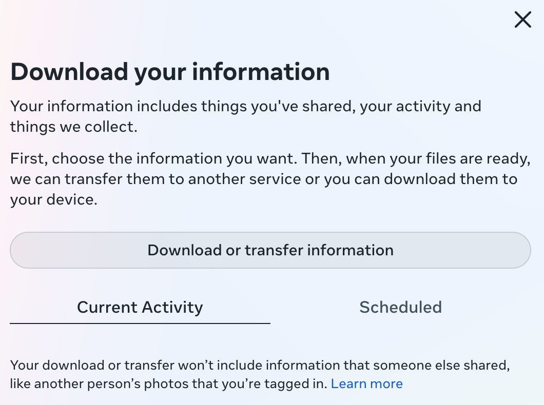 Popup with option to download or transfer social media information. 