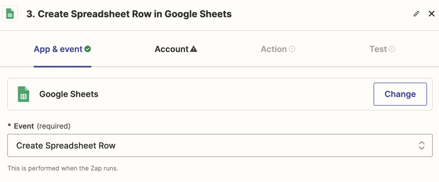 Screenshot of Google Sheets app and event in Zap editor